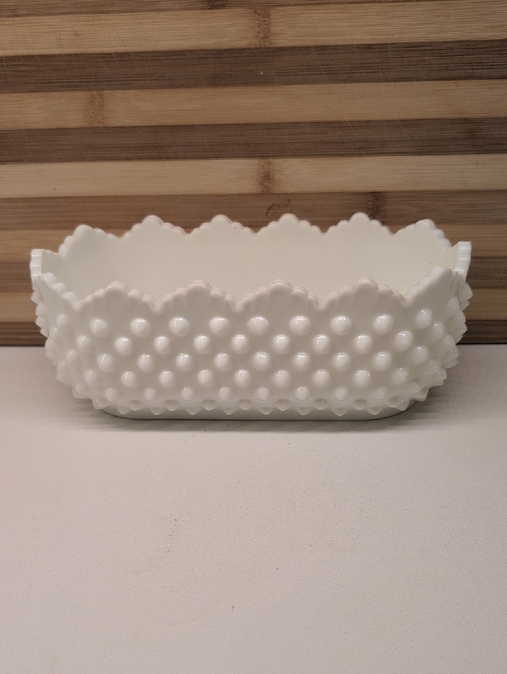 Vintage Fenton White Milk Glass Hobnail Oblong Planter Sawtooth Edge